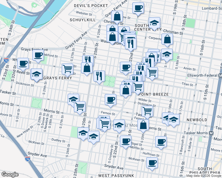 map of restaurants, bars, coffee shops, grocery stores, and more near 2311 Gerritt Street in Philadelphia