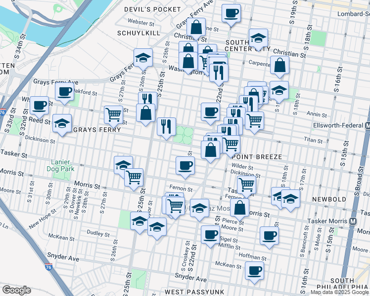 map of restaurants, bars, coffee shops, grocery stores, and more near 2311 Gerritt Street in Philadelphia