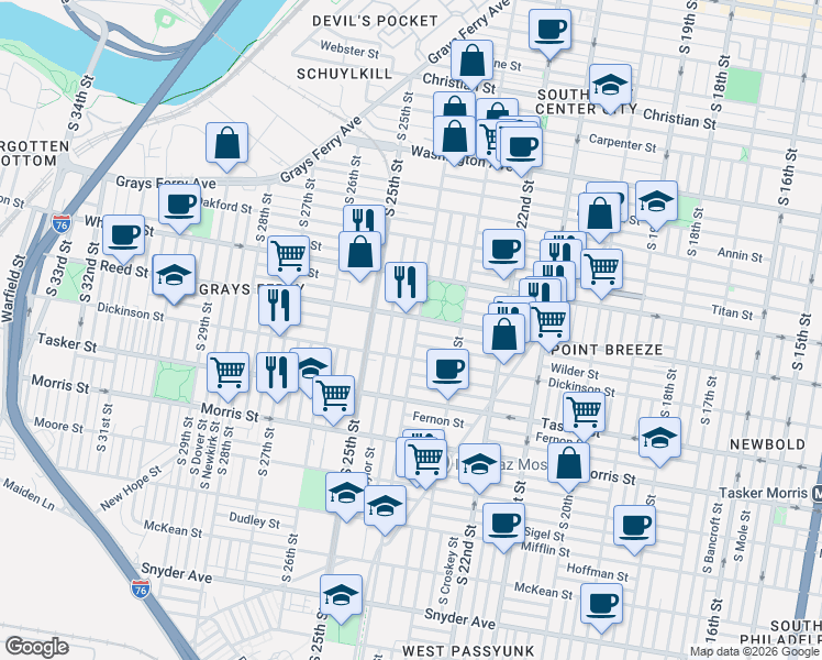 map of restaurants, bars, coffee shops, grocery stores, and more near 1422 South 24th Street in Philadelphia