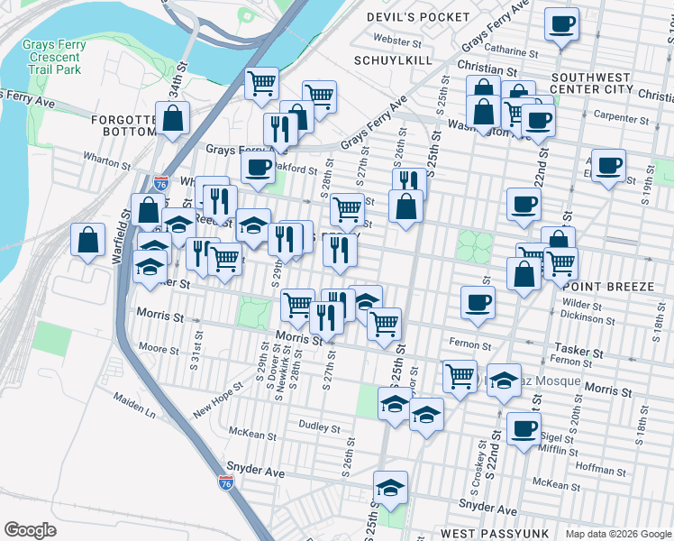 map of restaurants, bars, coffee shops, grocery stores, and more near 1500 South Marston Street in Philadelphia