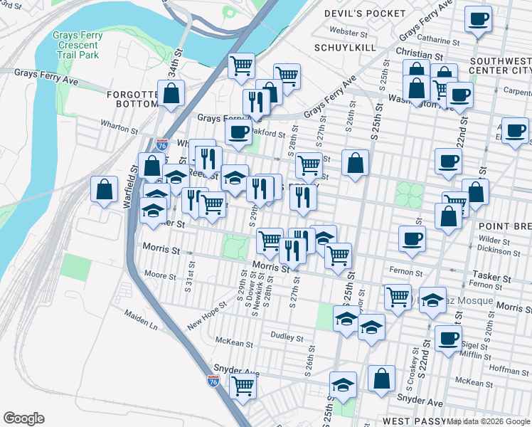 map of restaurants, bars, coffee shops, grocery stores, and more near 1509 South Dover Street in Philadelphia
