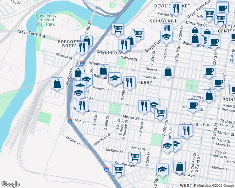 map of restaurants, bars, coffee shops, grocery stores, and more near 1519 South Myrtlewood Street in Philadelphia