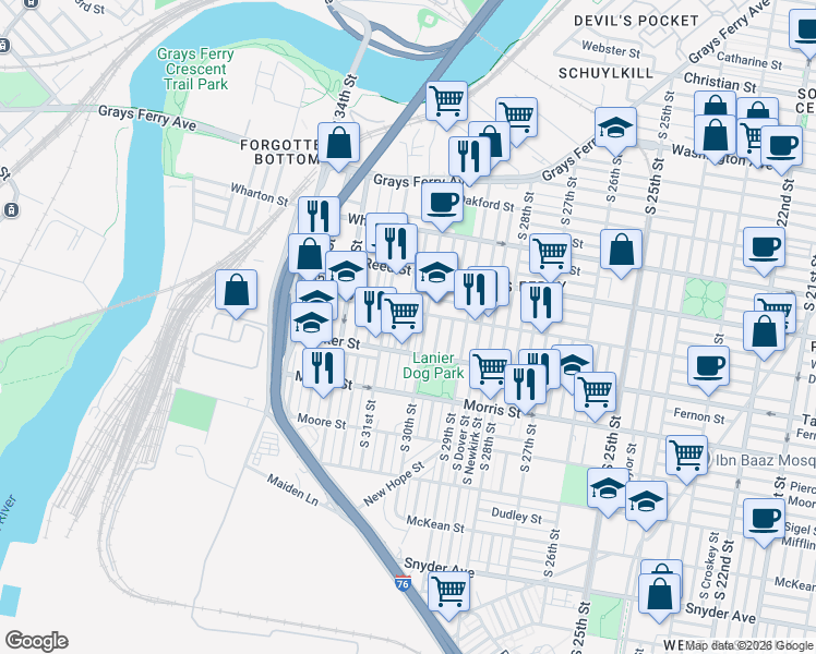 map of restaurants, bars, coffee shops, grocery stores, and more near 1526 South Corlies Street in Philadelphia