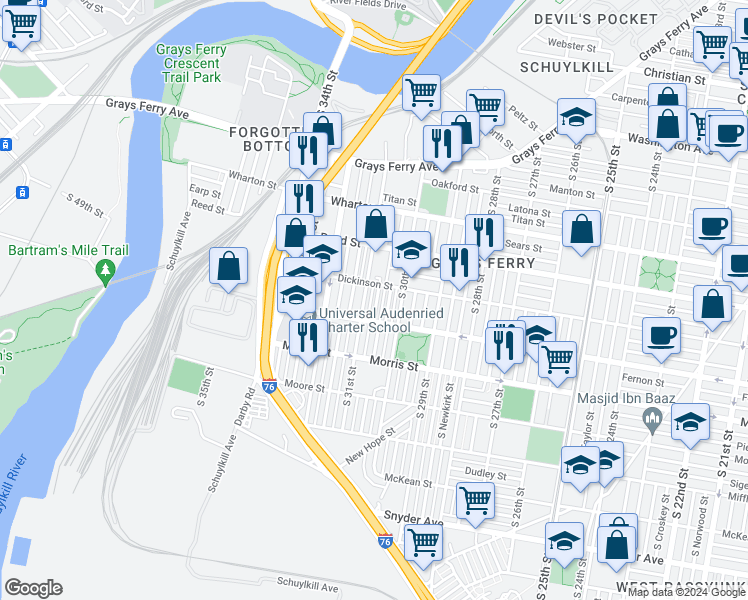 map of restaurants, bars, coffee shops, grocery stores, and more near 1526 South Corlies Street in Philadelphia