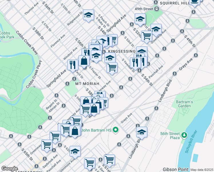 map of restaurants, bars, coffee shops, grocery stores, and more near 2112 South Frazier Street in Philadelphia