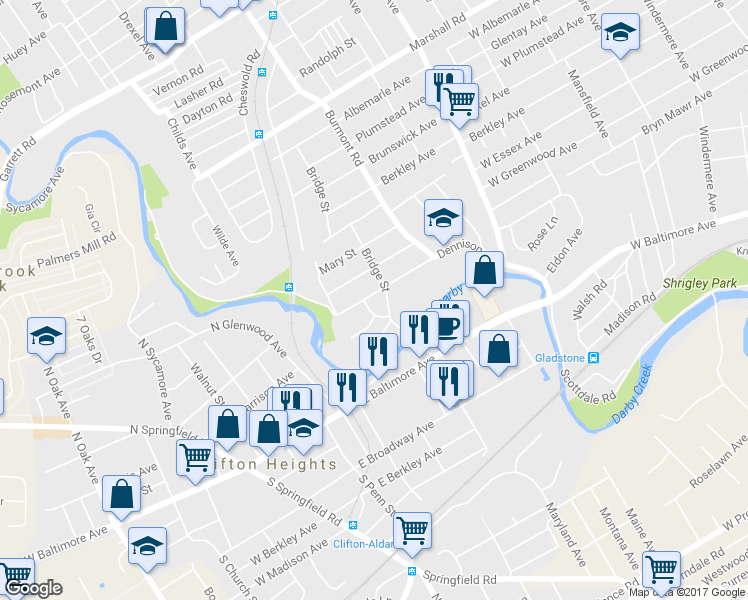 map of restaurants, bars, coffee shops, grocery stores, and more near 3914 Dennison Avenue in Upper Darby