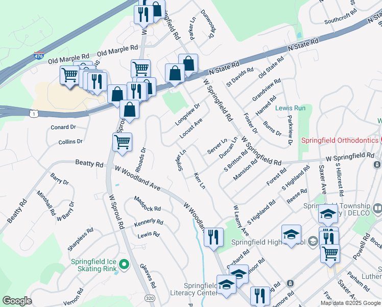 map of restaurants, bars, coffee shops, grocery stores, and more near 521 Kerr Lane in Springfield