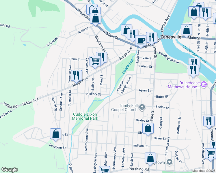 map of restaurants, bars, coffee shops, grocery stores, and more near 1323 Clover Street in Zanesville