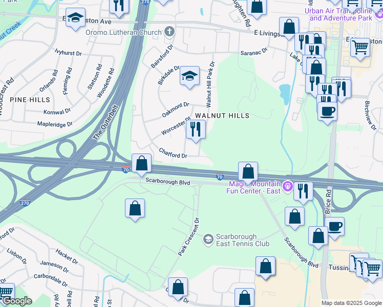 map of restaurants, bars, coffee shops, grocery stores, and more near 5645 Chatford Drive in Columbus