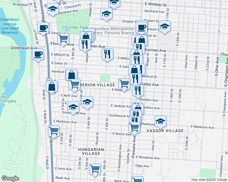 map of restaurants, bars, coffee shops, grocery stores, and more near 313 East Moler Street in Columbus