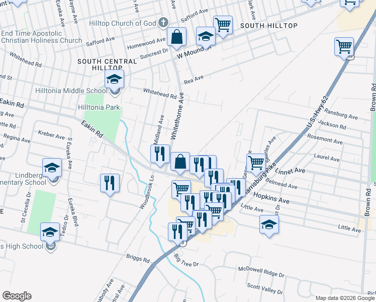 map of restaurants, bars, coffee shops, grocery stores, and more near 2180 Eakin Road in Columbus