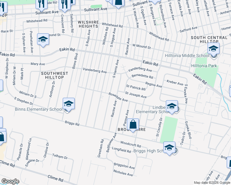 map of restaurants, bars, coffee shops, grocery stores, and more near 2827 Saint Joseph Avenue in Columbus