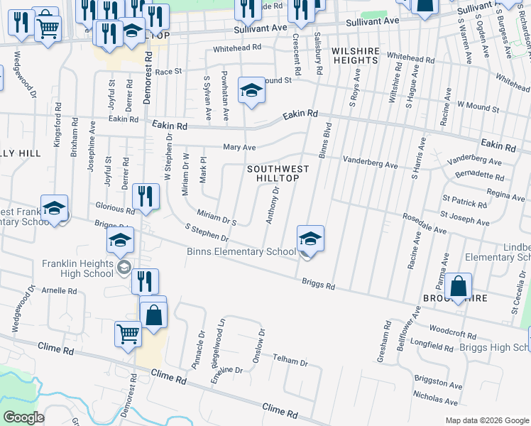 map of restaurants, bars, coffee shops, grocery stores, and more near 972 Anthony Drive in Columbus