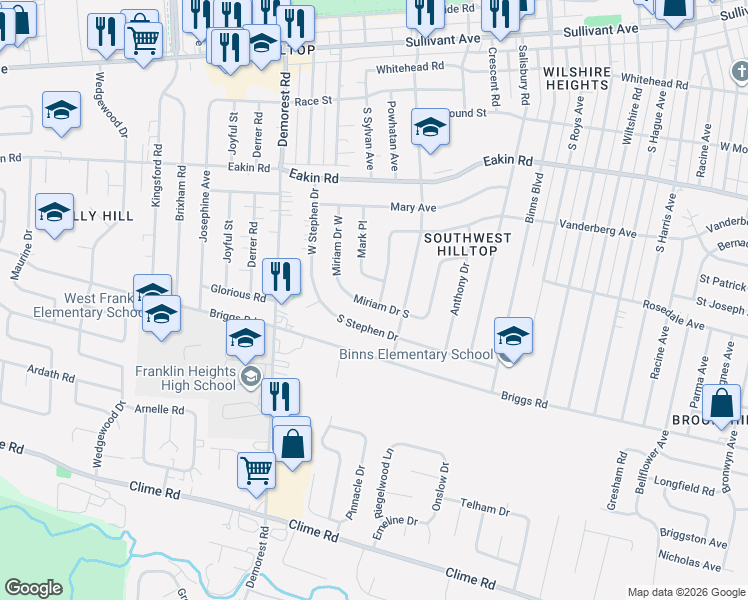 map of restaurants, bars, coffee shops, grocery stores, and more near 3337 Miriam Drive South in Columbus
