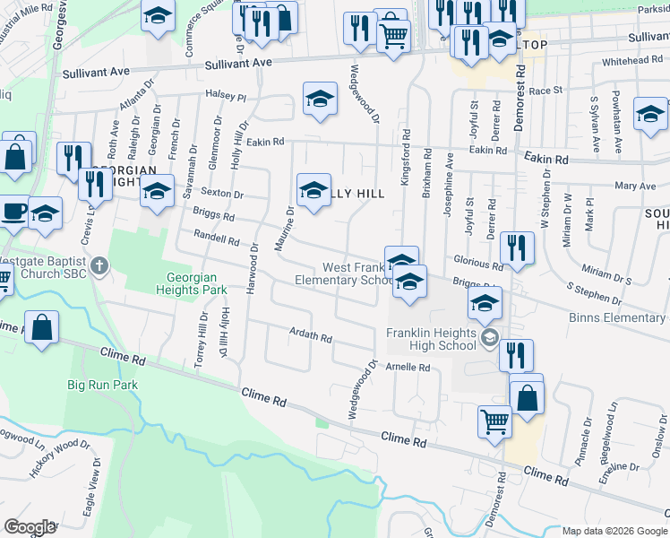 map of restaurants, bars, coffee shops, grocery stores, and more near 939 Wedgewood Drive in Columbus