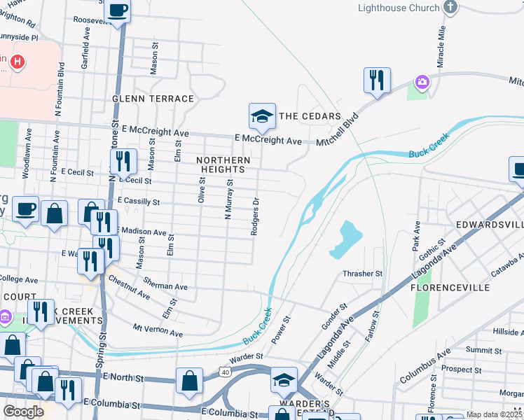 map of restaurants, bars, coffee shops, grocery stores, and more near 836 Rodgers Drive in Springfield