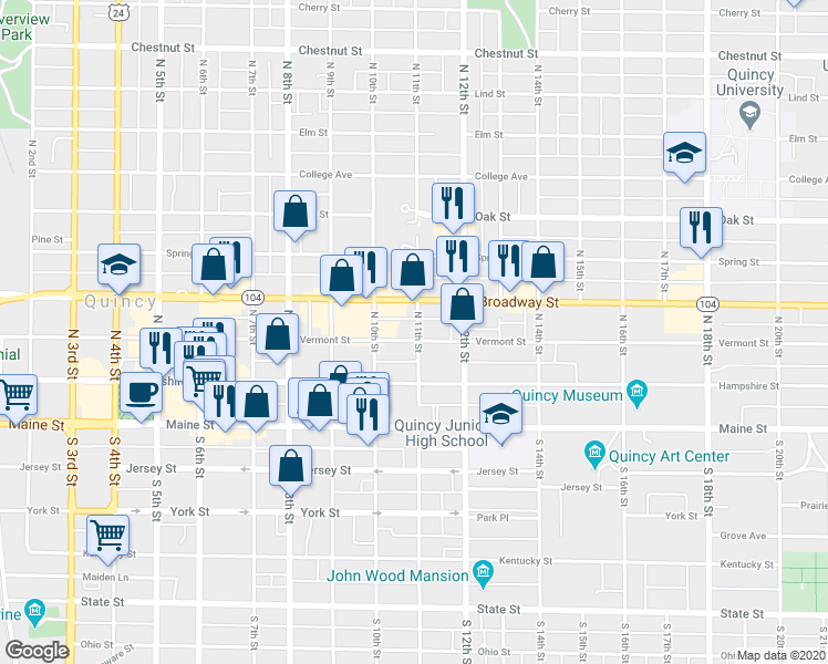 map of restaurants, bars, coffee shops, grocery stores, and more near 1103 Vermont Street in Quincy