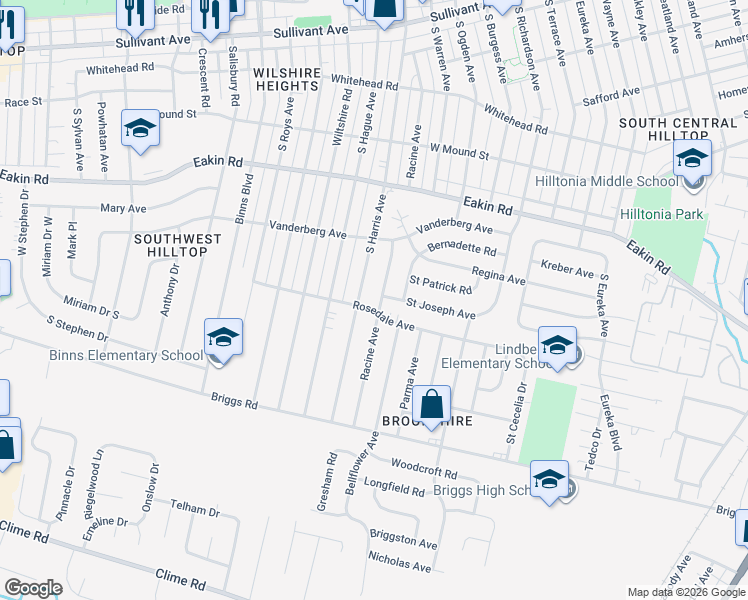 map of restaurants, bars, coffee shops, grocery stores, and more near 2827 Saint Joseph Avenue in Columbus
