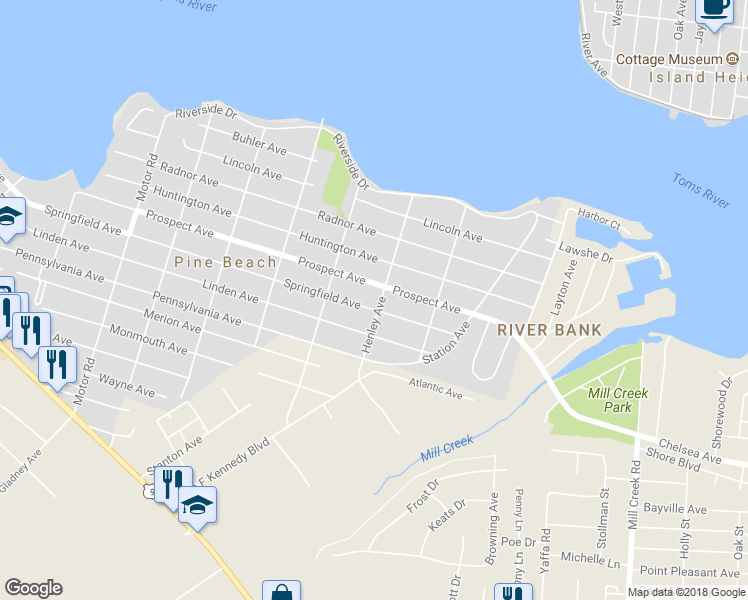 map of restaurants, bars, coffee shops, grocery stores, and more near 734 Springfield Avenue in Pine Beach