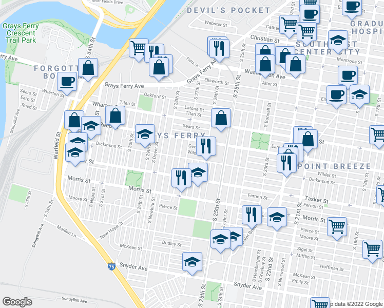 map of restaurants, bars, coffee shops, grocery stores, and more near 2642 Wilder Street in Philadelphia