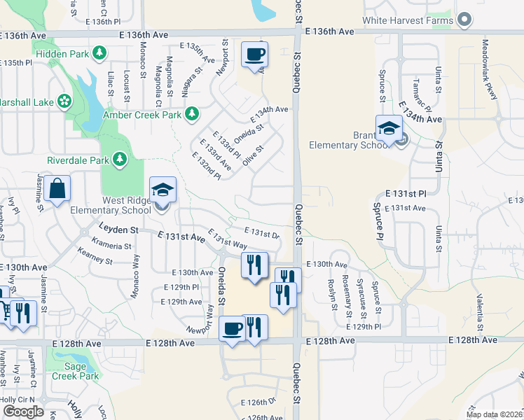 map of restaurants, bars, coffee shops, grocery stores, and more near 7112 East 131st Place in Thornton