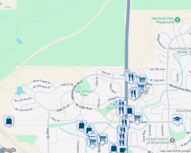 map of restaurants, bars, coffee shops, grocery stores, and more near 2701 Ridge Drive in Broomfield