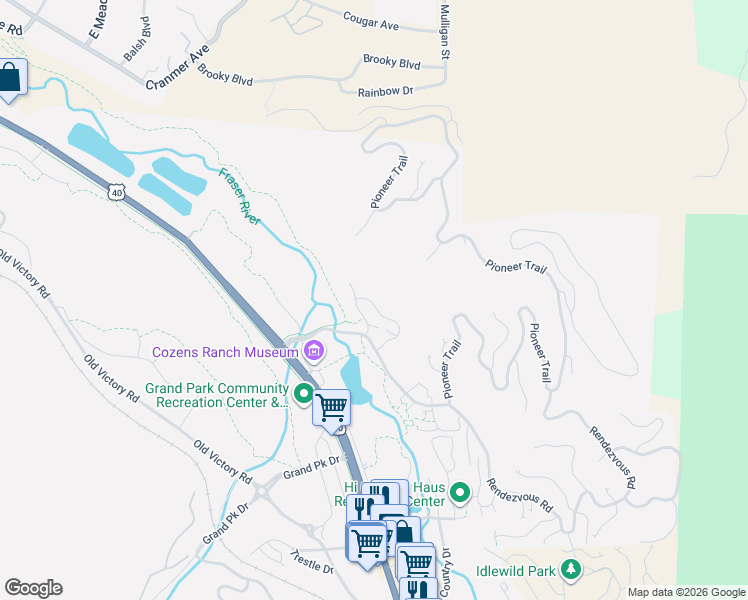 map of restaurants, bars, coffee shops, grocery stores, and more near Fraser River Trail in Winter Park
