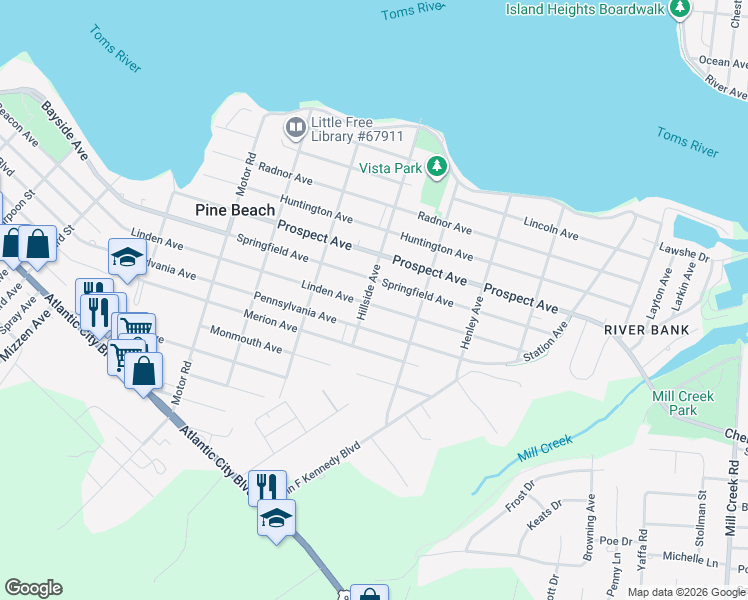 map of restaurants, bars, coffee shops, grocery stores, and more near 700 Hillside Avenue in Pine Beach