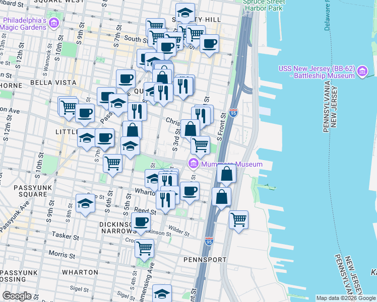 map of restaurants, bars, coffee shops, grocery stores, and more near 1009 South 3rd Street in Philadelphia