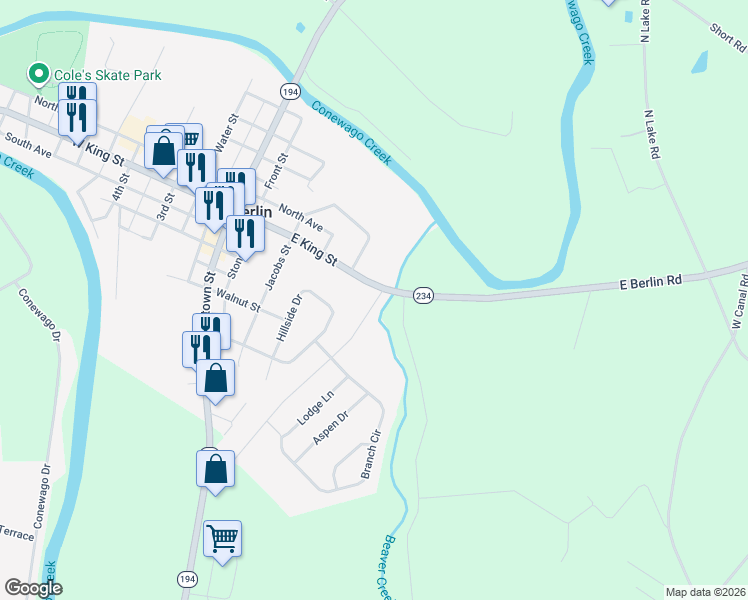map of restaurants, bars, coffee shops, grocery stores, and more near 231 East King Street in East Berlin