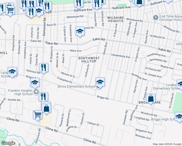 map of restaurants, bars, coffee shops, grocery stores, and more near 972 Anthony Drive in Columbus
