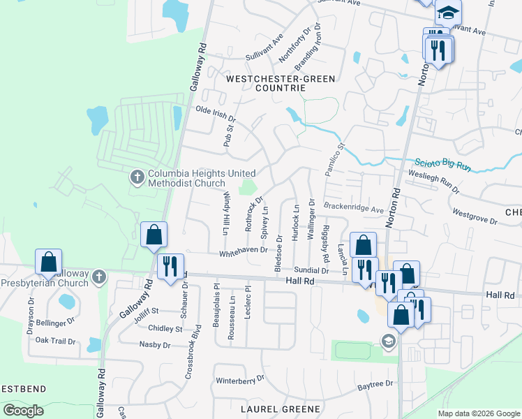 map of restaurants, bars, coffee shops, grocery stores, and more near 787 Spivey Lane in Galloway