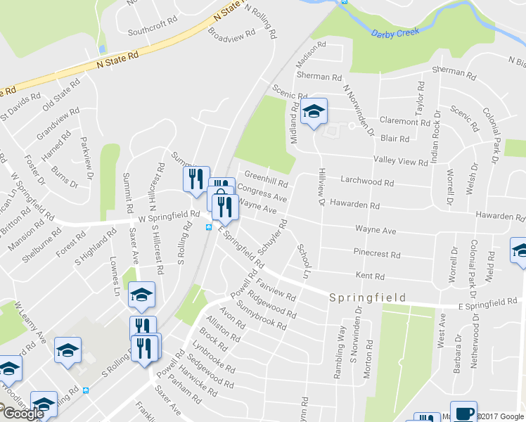 map of restaurants, bars, coffee shops, grocery stores, and more near 104 Wayne Avenue in Springfield