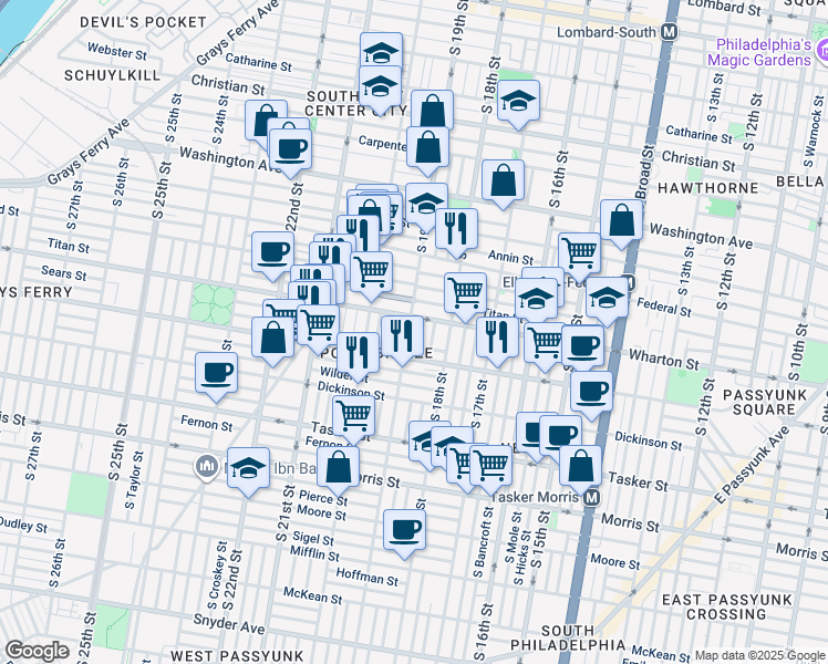 map of restaurants, bars, coffee shops, grocery stores, and more near 1317 South 19th Street in Philadelphia