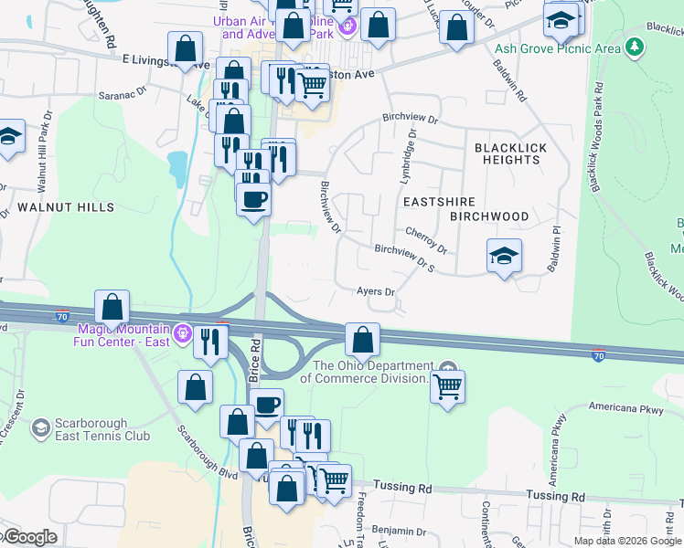 map of restaurants, bars, coffee shops, grocery stores, and more near 2240 Pine Tree Ln in Reynoldsburg