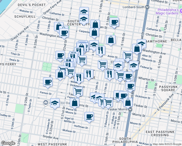 map of restaurants, bars, coffee shops, grocery stores, and more near 1317 South 19th Street in Philadelphia