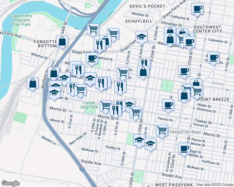 map of restaurants, bars, coffee shops, grocery stores, and more near 1450 South Etting Street in Philadelphia