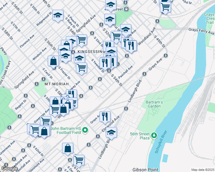 map of restaurants, bars, coffee shops, grocery stores, and more near 1837 South 55th Street in Philadelphia