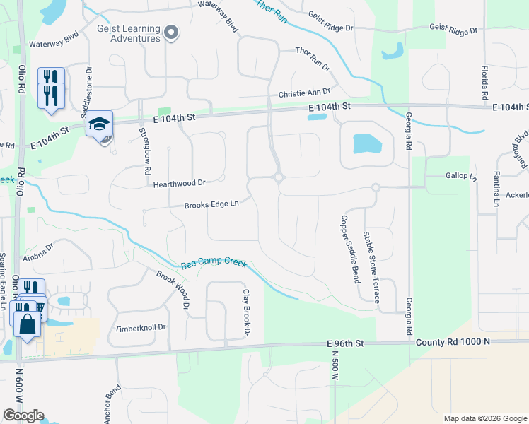 map of restaurants, bars, coffee shops, grocery stores, and more near 10036 Kings Horse Way in Fishers