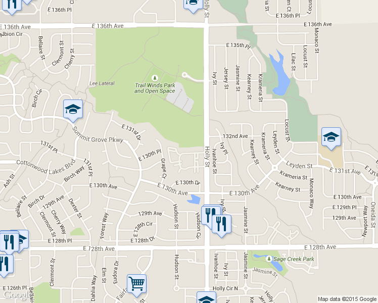 map of restaurants, bars, coffee shops, grocery stores, and more near 13275 Holly Street in Denver
