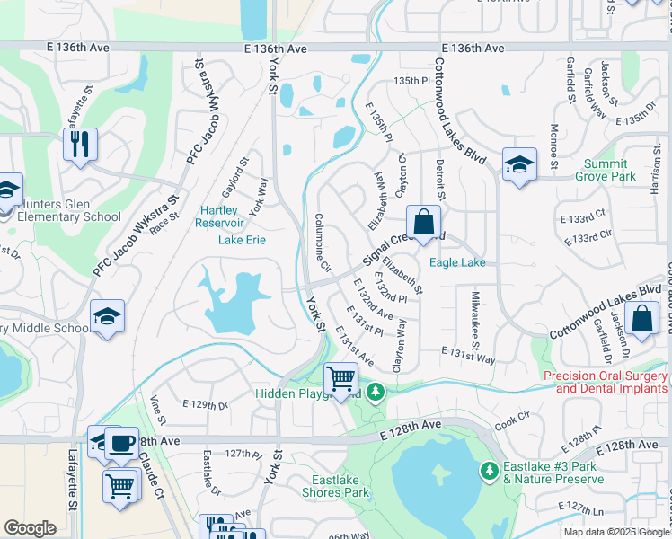map of restaurants, bars, coffee shops, grocery stores, and more near 13214 Columbine Circle in Thornton