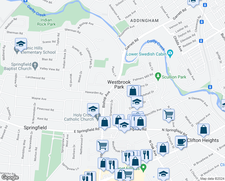 map of restaurants, bars, coffee shops, grocery stores, and more near 351 North Bishop Avenue in Clifton Heights