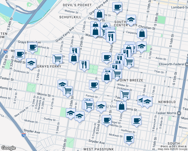 map of restaurants, bars, coffee shops, grocery stores, and more near 2311 Gerritt Street in Philadelphia