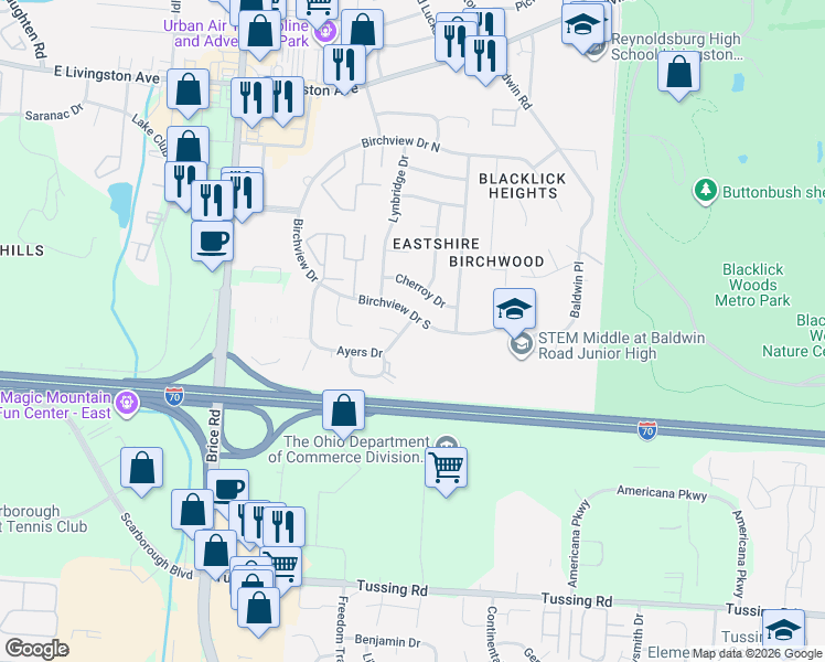 map of restaurants, bars, coffee shops, grocery stores, and more near 6415 Birchview Drive South in Reynoldsburg