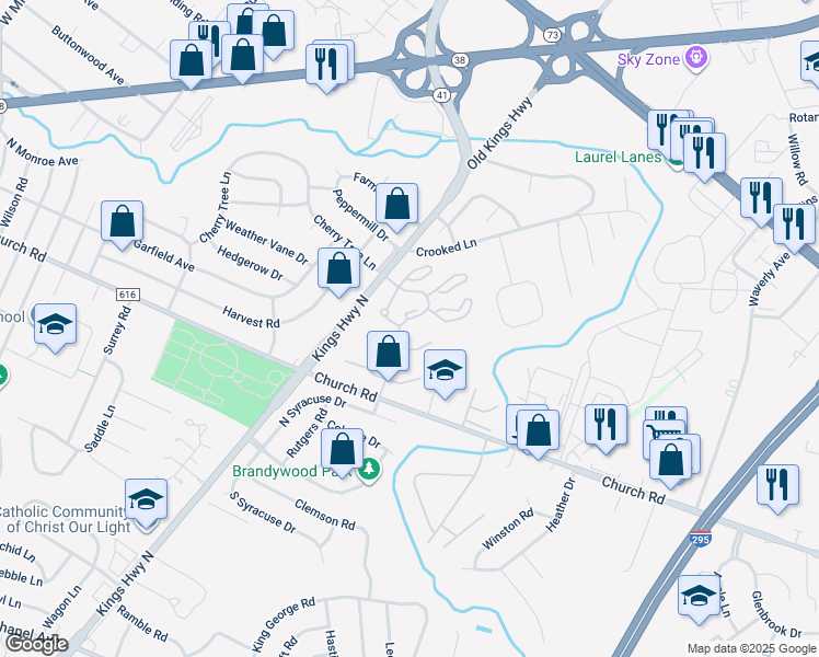 map of restaurants, bars, coffee shops, grocery stores, and more near 501 Kings Croft Drive in Cherry Hill