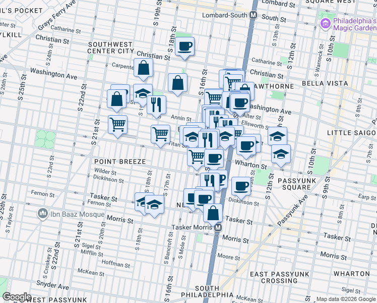 map of restaurants, bars, coffee shops, grocery stores, and more near 1605 Wharton Street in Philadelphia