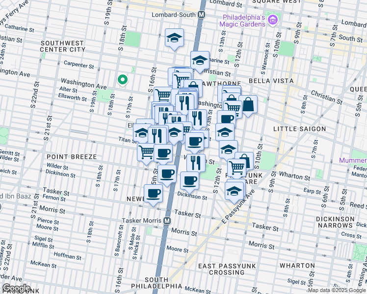 map of restaurants, bars, coffee shops, grocery stores, and more near 1221 South Broad Street in Philadelphia