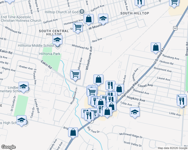 map of restaurants, bars, coffee shops, grocery stores, and more near 2180 Eakin Road in Columbus