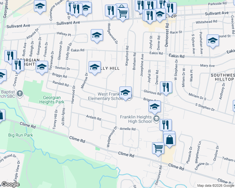 map of restaurants, bars, coffee shops, grocery stores, and more near 3711 Briggs Road in Columbus