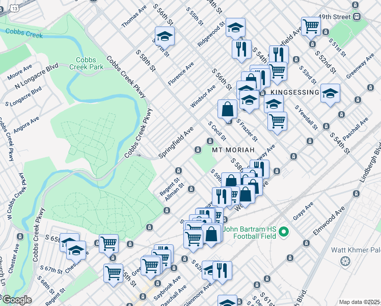 map of restaurants, bars, coffee shops, grocery stores, and more near 5909 Chester Avenue in Philadelphia
